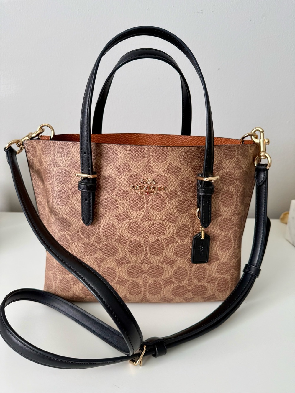 Coach Brown Signature Mini Tote with Black Leather Trim